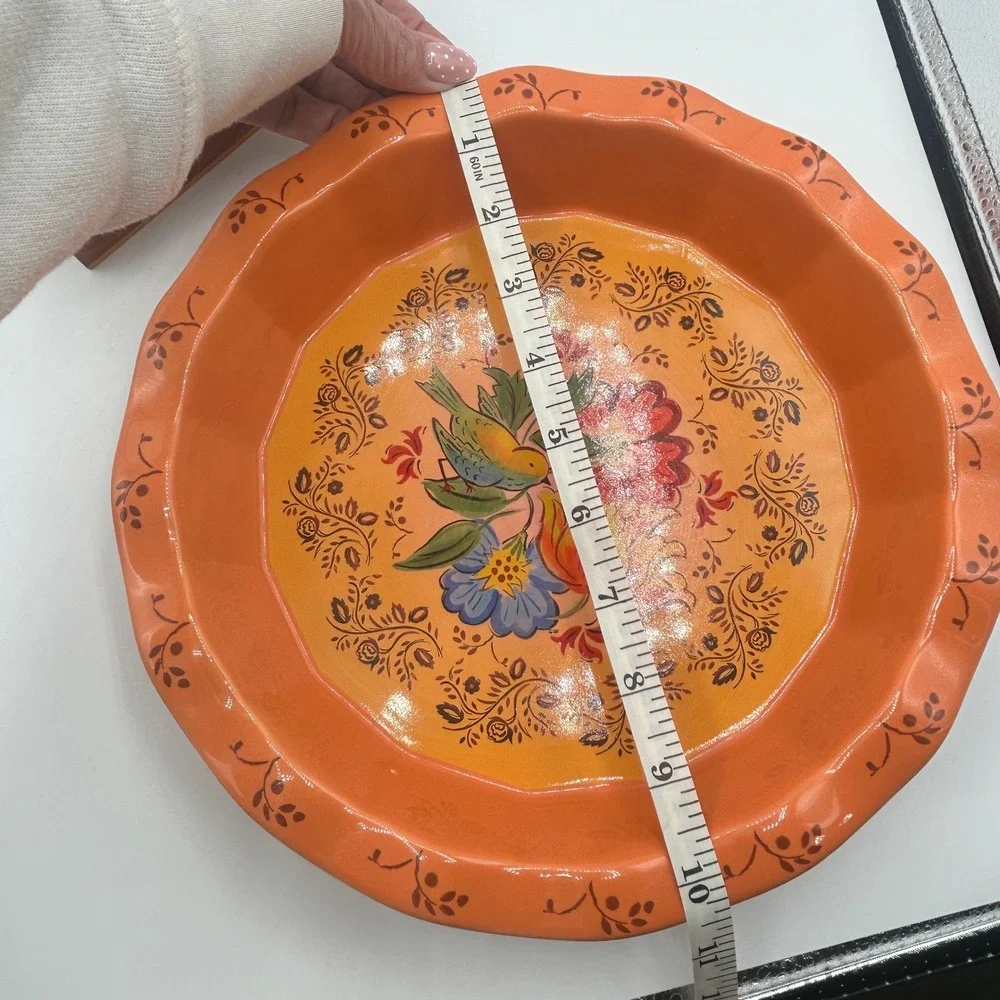 Orange Floral Bird Ceramic Scalloped Pie Plate Posy Dish Folk Art Style 10.5 In.